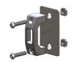 A 3D CAD rendering of a metal mounting bracket assembly, featuring a dark gray plate with pre-drilled holes, a central bracket piece, and two long threaded bolts with nuts on the side, set against a plain white background.