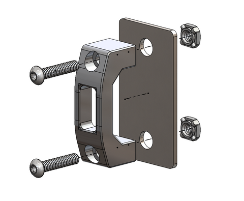 A 3D CAD rendering of a metal mounting bracket assembly, featuring a dark gray plate with pre-drilled holes, a central bracket piece, and two long threaded bolts with nuts on the side, set against a plain white background.