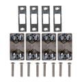 Four metal mounting brackets with pre-drilled holes, four matching backplates, and eight silver screws arranged in two rows on a plain white background.