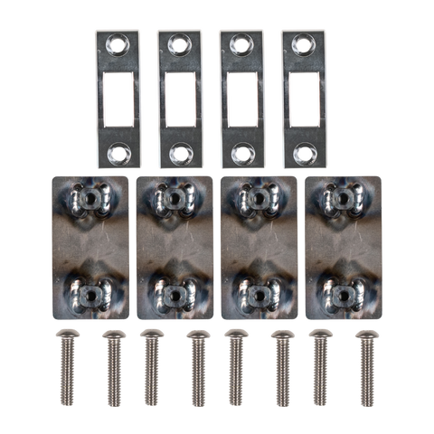 Four metal mounting brackets with pre-drilled holes, four matching backplates, and eight silver screws arranged in two rows on a plain white background.