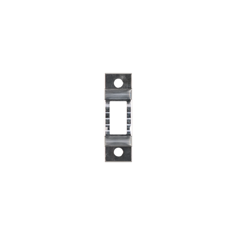 A small dark gray metal mounting bracket or hardware piece with two circular holes, centered on a plain white background.