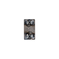 A rectangular metal mounting plate with two circular metallic components, shown against a plain white background.