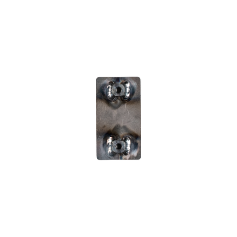 A rectangular metal mounting plate with two circular metallic components, shown against a plain white background.