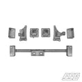 A set of metal motor mount kit components laid out on a white background, including various brackets and a cross-member.