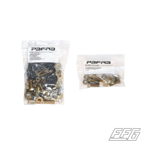 Nuts, bolts, and washer in clear plastic bags on a white background. 