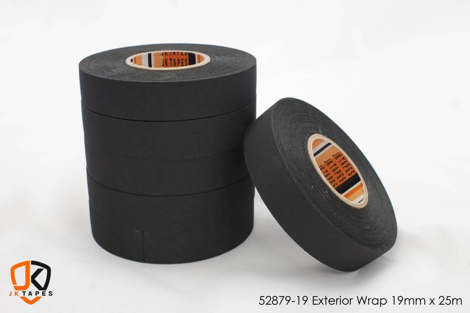 Exterior Harness Wrap 19mm x 25m, 52879-19, JK Tapes exterior wire harness tape for high abrasion protection and high temperature resistance in 302 degree areas. Mainly used on exterior parts of the vehicle, including bumpers and engine bay.