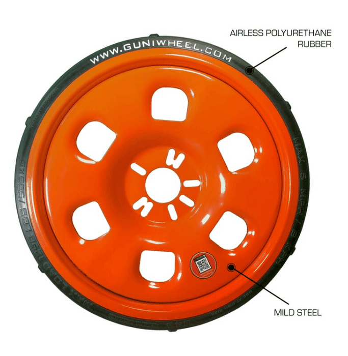 GUNIWHEEL™ 45, GW.2445, GUNIWHEEL™ 45 universal bolt pattern wheel. Fits most cars and light SUV vehicles with 4 or 5 bolt patterns and a max center hub of 76 mm Details •U.S. Patent #D874387 •Weight Capacity: 2,500 lbs/1134 kg each•Size: 22.5” D x 3” W•O