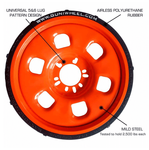 GUNIWHEEL™ 56, GW.2456, GUNIWHEEL™ 80 universal bolt pattern wheel. Fits large trucks with 8 lug patterns and a max center hub of 140 mm Details GUNIWHEEL 45S •Weight Capacity: 2,500 lbs/1134 kg each•Size: 22.5” D x 3.” W•Offset: 51 mm•Weight: 32 lbs•Cent