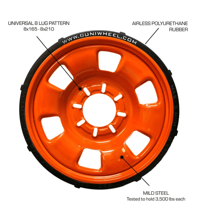 GUNIWHEEL™ 80 (Set of 4), GW.2680-SET, GUNIWHEEL™ 80 universal bolt pattern wheel - Set of 4. Fits large trucks with 8 lug patterns and a max center hub of 140 mm Details • U.S. Patent #D874387 • Weight Capacity: 3,500 lbs/1134 kg each• Size: 24.5” D x 3.