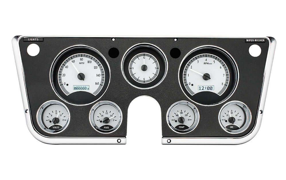 VHX Instrument Gauge System | Chevy Pickup (1967-72), VHX-67C-PA-S-W, 1967-72 GM pickups, Blazers, and Suburbans have a simple dashboard that offers plenty of space for personalization. Making use of a seven-hole instrument bezel, this system boasts six a
