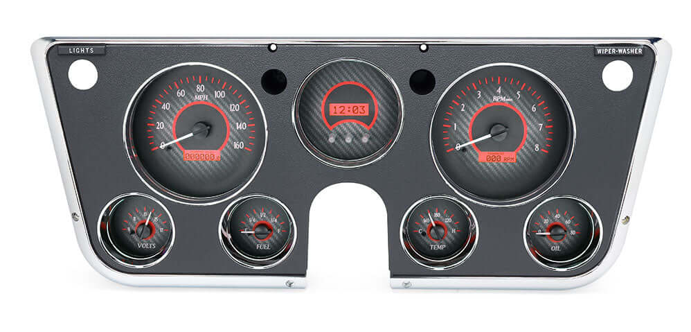 VHX Instrument Gauge System | Chevy Pickup (1967-72), VHX-67C-PU-C-R, 1967-72 GM pickups, Blazers, and Suburbans have a simple dashboard that offers plenty of space for personalization. Making use of a seven-hole instrument bezel, this system boasts six a